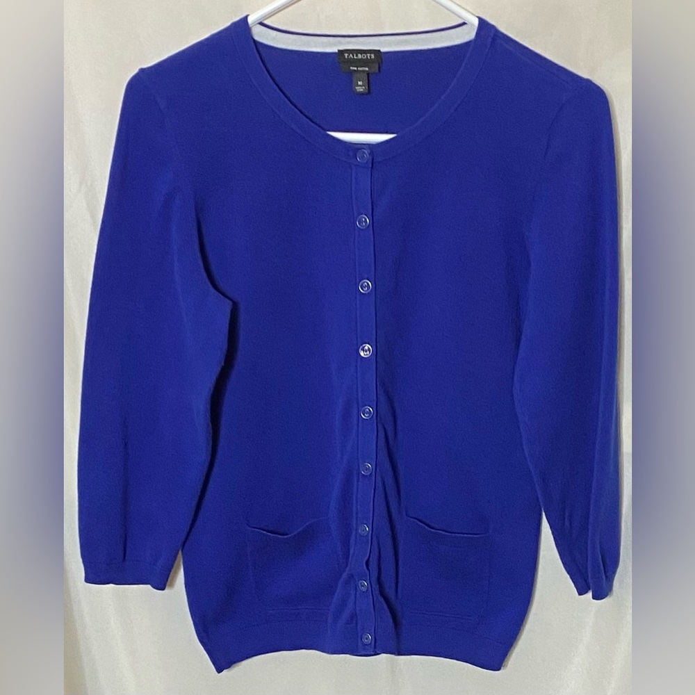 Talbots Pima Cotton 3/4 Sleeve Cobalt Blue Button Front Cardigan w/ Pockets